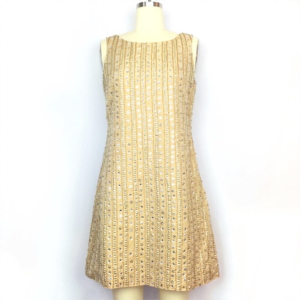 Tracy Reece Gold 100% Silk Beaded Mini Dress Sz 4